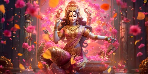 Hindu Goddess Lakshmi with flowing hair and saree made of marble, blossoming beautiful golden and colorfull pink flow