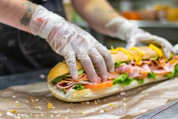 employee wearing gloves assembling a sub sandwich - obrazy, fototapety, plakaty