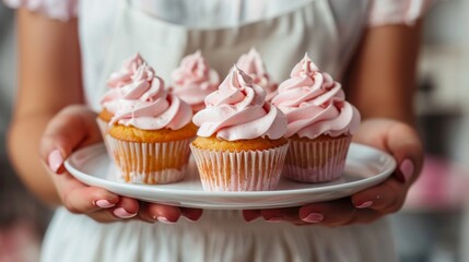 Fototapeta na wymiar Woman decorating Pink Birthday cupcakes