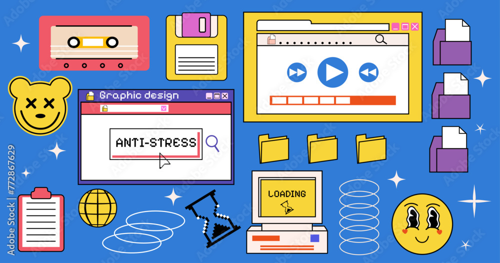 Poster a set of windows on a computer. y2k retro style. vector illustration. groovy hippie elements. interf