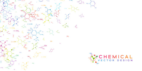 Chemistry decoration element with colorful scattered chemistry formulas. Vector vertical corner with flow elements.
