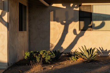 sunrise casting shadows on a home with desert succulent arrangement