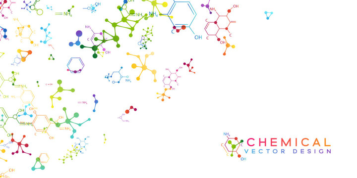 Chemistry decoration element with colorful scattered molecules and chemistry formulas. Vector vertical corner with flow elements.