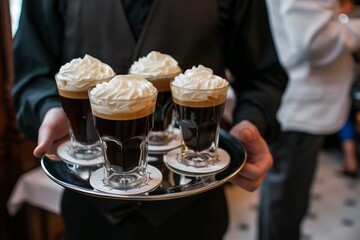 waiter carrying a tray of irish coffee topped with cream