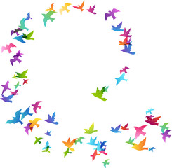 Flying rainbow birds. Decoration element from scattered colorful silhouettes.