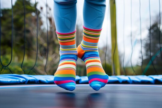 closeup of childs feet in colorful socks on trampoline mesh