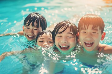 asian family swimming together in the swimming pool