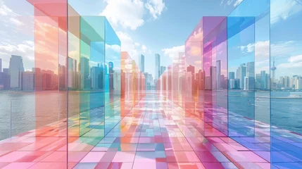 Fotobehang Across the city skyline, a consortium of innovators celebrated their triumphs, imprinting their legacy on the chromatic spectrum of pastel tiles, providing a canvas for promotional displays. © 2D_Jungle