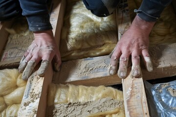 hands laying mineral wool batts between floor joists - obrazy, fototapety, plakaty