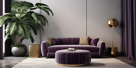 A contemporary living space with a gray velvet sofa, a sleek glass coffee table, a pouf in a soft lavender shade, gold decorations, a tall indoor plant, and ambient lighting from a stylish lamp