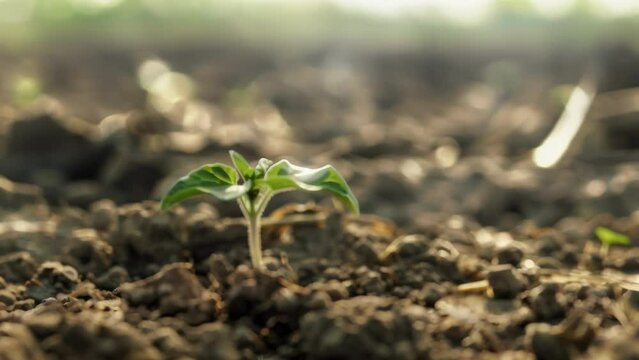In the midst of the gritty and grainy remains of a oncevibrant crop field a lone stubborn sprout fights to survive against all odds.