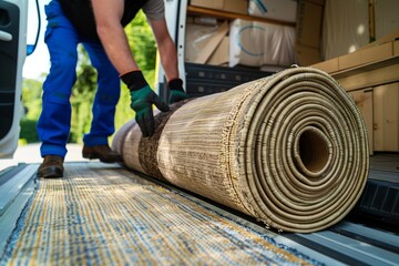 mover placing a rolledup carpet into a moving vehicle - obrazy, fototapety, plakaty