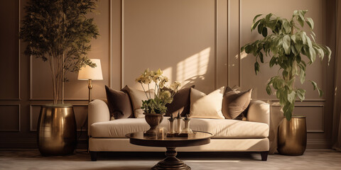 A cozy yet luxurious lounge area with a velvet sofa in warm chocolate brown, a wooden coffee table, a pouf in a soft cream color, gold decorations, a tall potted plant, and a stylish lamp for ambiant.