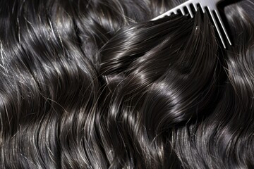 closeup of a comb lifting a section of dark hair - obrazy, fototapety, plakaty