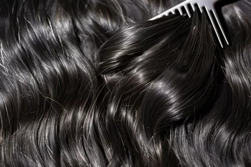Foto op Plexiglas closeup of a comb lifting a section of dark hair © studioworkstock