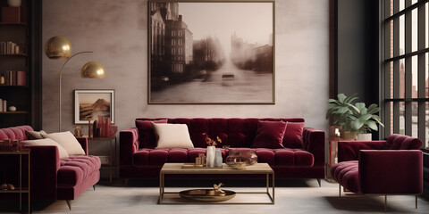 A modern living space featuring a burgundy velvet sofa, a glass coffee table, a plush pouf, gold-framed mock-up poster frames on the wall, and elegant accessories scattered throughout the room.  - obrazy, fototapety, plakaty