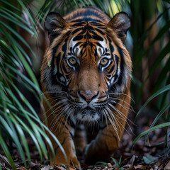 Obraz premium Endangered Sumatran tiger coming out of the jungle in a wildlife preserve in America ai technology