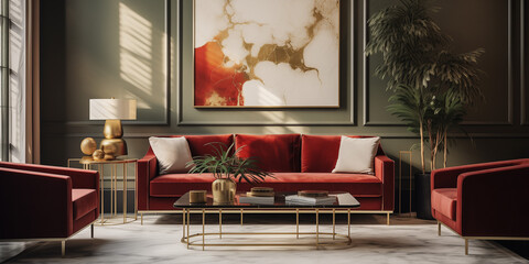  A modern living space featuring a burgundy velvet sofa, a glass coffee table, a plush pouf, gold-framed mock-up poster frames on the wall, and elegant accessories scattered throughout the room. 