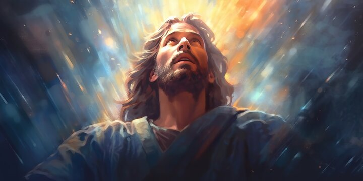 jesus opening the skyes close up view illustration, receiving blessings from god