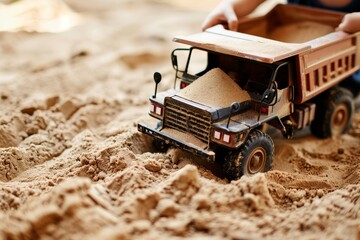 kid pretending to drive a toy dump truck filled with sand - obrazy, fototapety, plakaty