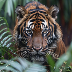 Endangered Sumatran tiger coming out of the jungle in a wildlife preserve in America  ai technology