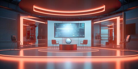 minimalistic design 3d virtual news studio. Announcer Table with night city background and...