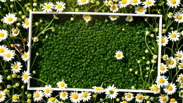 Chamomile flowers frame with butterflies