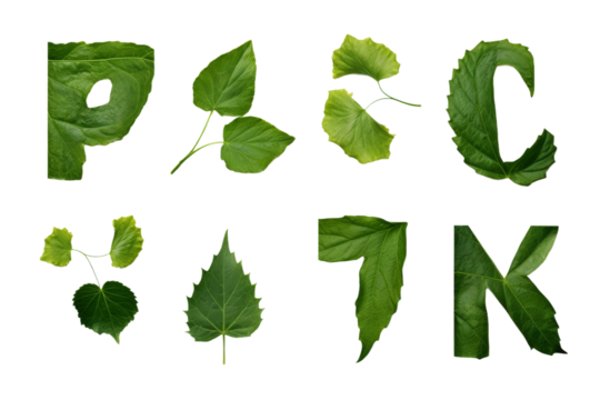 Green Leaves Forming Letters. On a White or Clear Surface PNG Transparent Background..