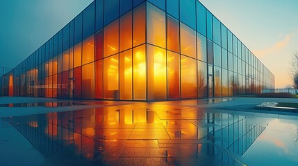 The yellow and blue gradient glass rectangle in front of the glass window and streamlined design of the modern corporate building. Generative AI.