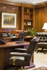 An executive office desk in a corporate setting, with leather-bound chairs, mahogany desks, and tasteful artwork, exuding professionalism and prestige, Generative AI