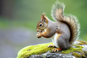 Naklejka na ściany i meble squirrel with bushy tail eating beech nut on mossy stone