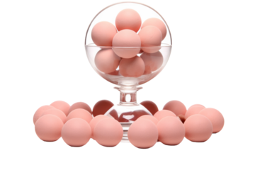 Glass Bowl With Pink Balls on Table. On a White or Clear Surface PNG Transparent Background..