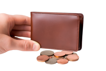 Hand Holding Wallet and Coins. On a White or Clear Surface PNG Transparent Background..