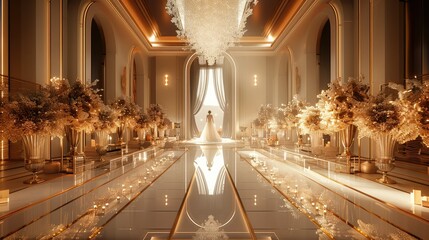 A high-end wedding dreamscape. The luxury is palpable, with golden tones illuminating glass...