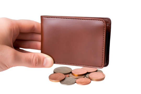 Hand Holding Wallet and Coins. On a White or Clear Surface PNG Transparent Background..