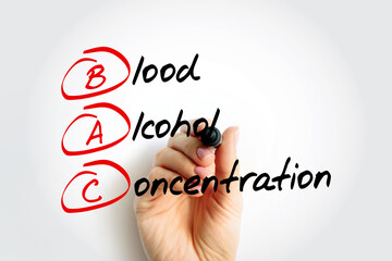 BAC Blood Alcohol Concentration - measure of alcohol in the blood as a percentage, acronym text...