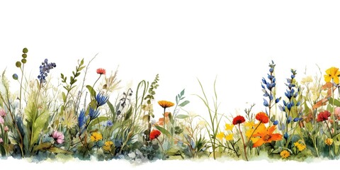 minimalistic design Floral border. The watercolor illustration features assorted wildflowers, grass, and greenery--a colorful flower painting