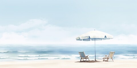 Fototapeta na wymiar minimalistic design Beautiful beach banner. White sand, chairs and umbrella travel tourism wide panorama