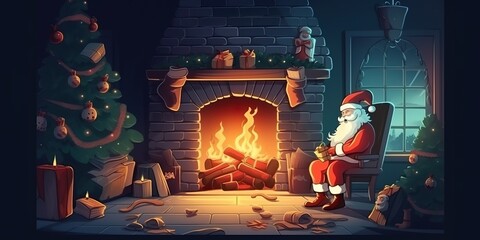 minimalistic design cartoon Santa Claus puts gifts in special socks on the fireplace,