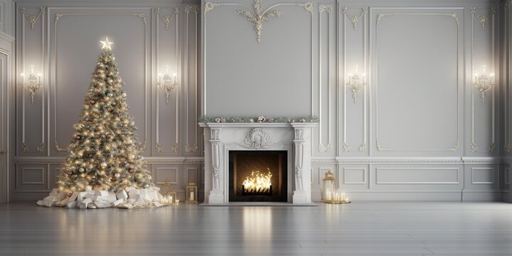 minimalistic design Calm image of interior Classic New Year Tree decorated in a room with fireplace