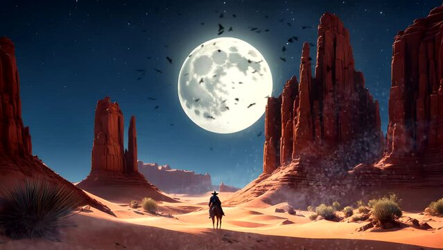 Cowboy in the valley at night with full moon