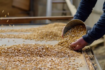 person pouring out wheat on a table to sort it manually - obrazy, fototapety, plakaty