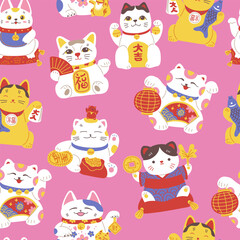 Seamless pattern with cute maneki neko cats flat style, vector illustration