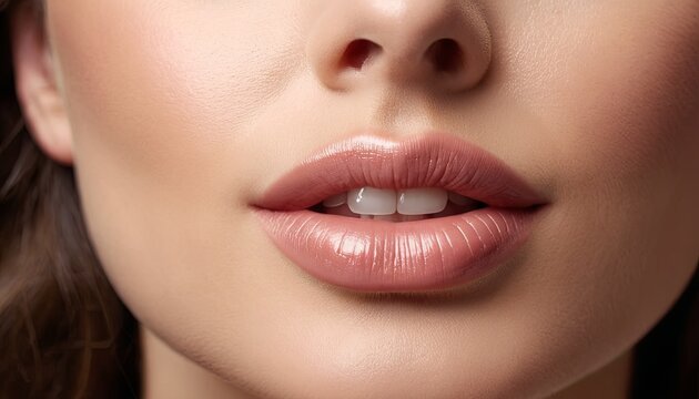 Close-up woman lower face, showcasing clear complexion against a blue background. Image captures detail of skin texture, lips, used for skin care promotion.