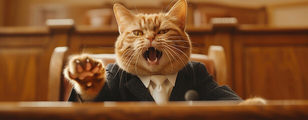 A cat in a lawyer's suit passionately defending a client in court - obrazy, fototapety, plakaty