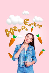 Vertical photo collage of happy girl wear denim costume easter tradition family holiday spring atmosphere isolated on painted background