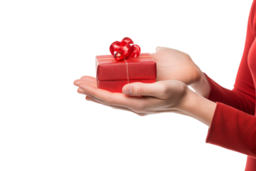Woman Holding Red Gift Box With Bow. On a White or Clear Surface PNG Transparent Background..