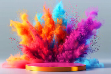 3D podium whit colorful smoke. Scene is energetic and dynamic. 3D podium with Abstract explosion of colored powder colorful paint splashes, Empty stage display presentation product, isolated on white