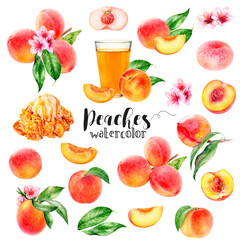 Watercolor illustration of peaches set close up. A large set with different peach varieties, on a branch with leaves, flowers, glass of juice and sliced peaches. PNG