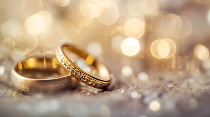 Obraz na płótnie Canvas Golden wedding rings with bokeh lights in dreamlike selective focus background. Enchanted wedding bands on glittering background. Wedding rings banner with magical shimmer, commercial wedding ads